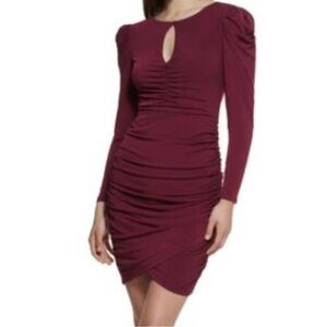 NWT Guess Maroon Crossover Front Hem lined Puff Sleeve Rouged Sides Dress Size 2